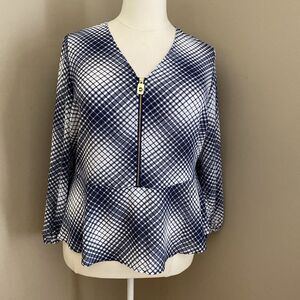 Michael Kors Blue White Check Long Sleeve Zipper Front Peplum Hem Blouse 1X
